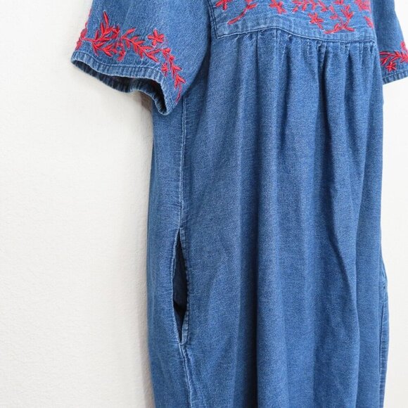 Loungees Womens Small Red Embroidered Flower Chambray House Dress Nightgown PJs - Picture 3 of 8